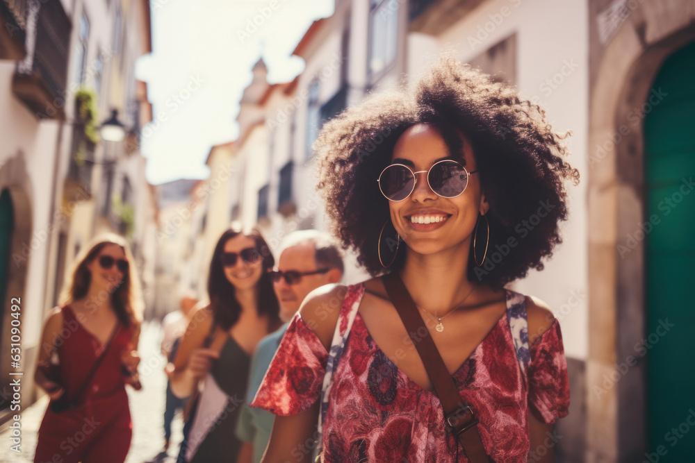 Sunny Escapade: Afro Latin Woman and Her Two Mid-Age Friends Strolling through the Enchanting Streets of a Mediterranean Small Town, Wearing Sunglasses and Smiles Sunny Escapade: Afro Latin Woman and Her Two Mid-Age Friends Strolling through the Enchanting Streets of a Mediterranean Small Town, Wearing Sunglasses and Smiles