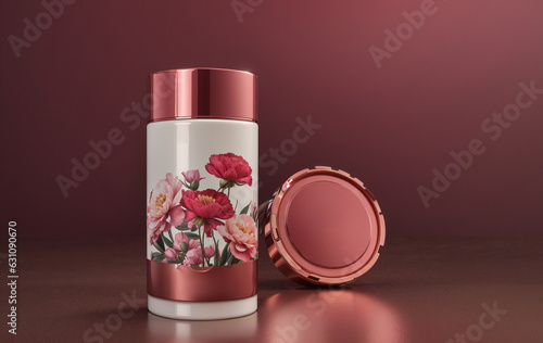 Cosmetic bottle containers with flowers on dark background. 3d rendering