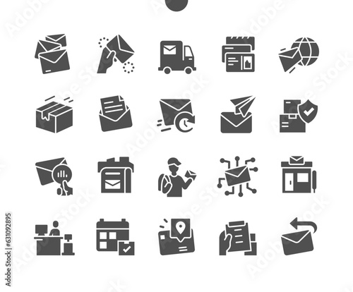 Postal service. Send letter. Post office, delivery truck, insurance package. Vector Solid Icons. Simple Pictogram