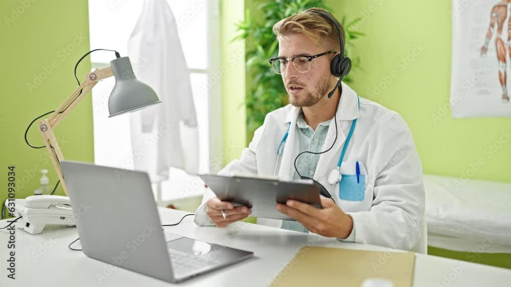 Young caucasian man doctor on video call writing on clipboard at clinicc Young caucasian man doctor on video call writing on clipboard at clinicc