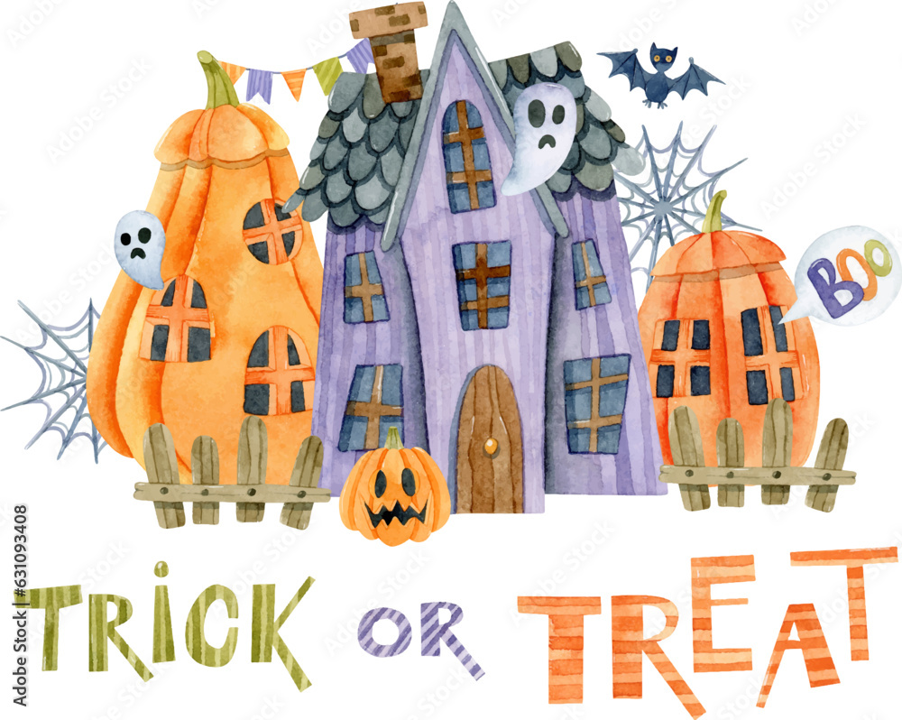 Halloween haunted house and pumpkin houses watercolor clipart with lettering Halloween haunted house and pumpkin houses watercolor clipart with lettering