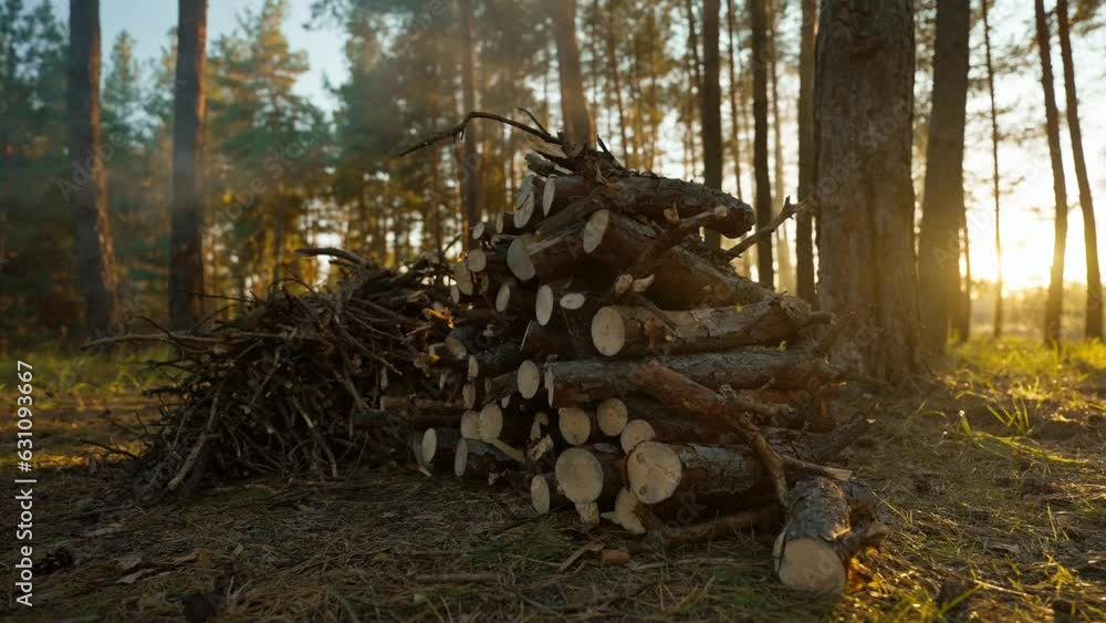 closeup cinematic shot of stacked stack of firewood for Fireplace in Nature - wide angle Shot, Slow Motion. picnic and camping in pine woods outdoors at autumn evening. sunset and sun flare in frame closeup cinematic shot of stacked stack of firewood for Fireplace in Nature - wide angle Shot, Slow Motion. picnic and camping in pine woods outdoors at autumn evening. sunset and sun flare in frame