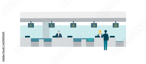 Extended panoramic view of the check in desks inside an airport with employees and man delivering his luggage. Colorful flat style detailed vector illustration.