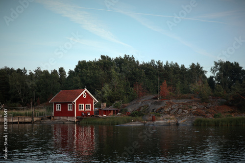 red wooden hut in a forest in Sweden by a lake. Peace in nature and ideal place for vacation