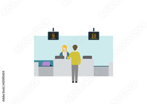Rear, back view of a man giving his passport to a woman in the check in desks of an airport with his suitcase, trolley bag. Boarding counter. Colorful flat style vector illustration.