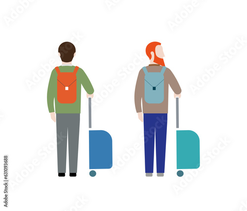 Rear, back view of two tourists men characters with bags and suitcases. Colorful flat style vector illustration isolated on white background.