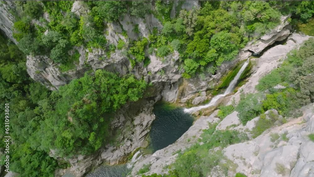 Cetina river in Croatia, waterfall passage through dramatic cliff valley, aerial Cetina river in Croatia, waterfall passage through dramatic cliff valley, aerial