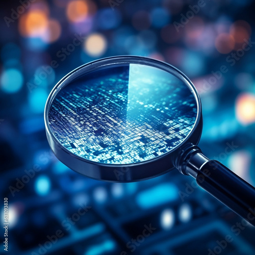 Magnifying glass focused on technology chip, research, blue theme