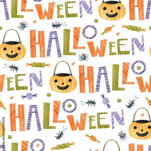 Watercolor Halloween lettering and trick-or-treat seamless pattern 