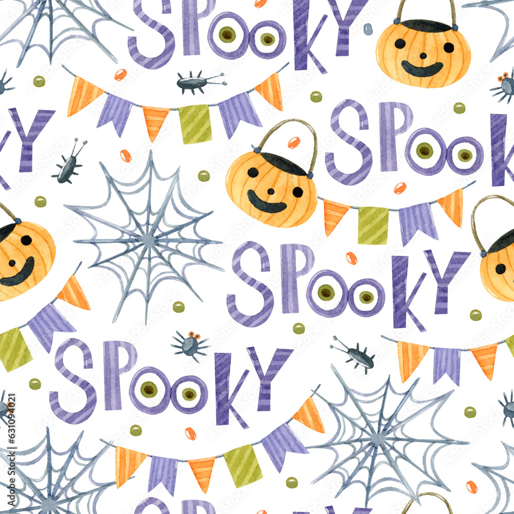 Spooky Halloween watercolor seamless pattern with pumpkin bags and sweets