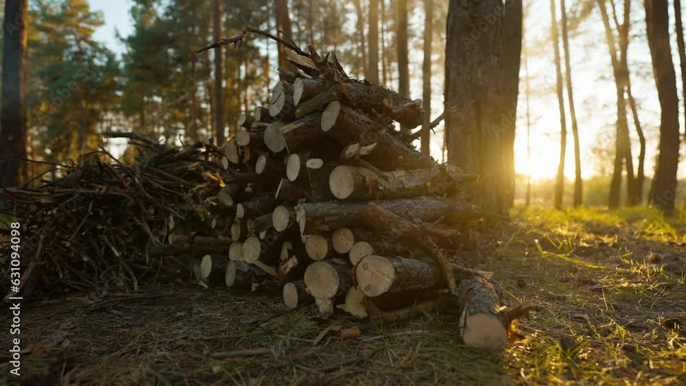 closeup cinematic shot of stacked stack of firewood for Fireplace in Nature - wide angle Shot, Slow Motion. picnic and camping in pine woods outdoors at autumn evening. sunset and sun flare in frame