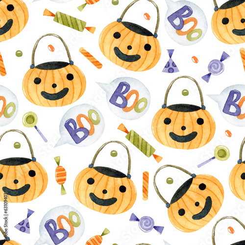 Trick-or-treat bag and candies watercolor Halloween seamless pattern