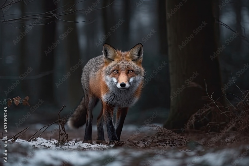 Lovely red fox photographed in a wintertime woods. Generative AI Lovely red fox photographed in a wintertime woods. Generative AI