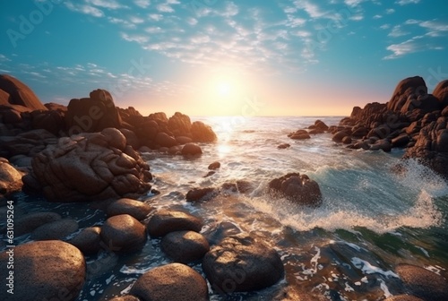 landscape view of the beauty of the sunrise on the beach with large rocks and relaxing waves. generative ai