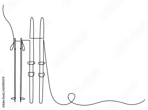 Continuous one line drawing of skis and ski poles. Vector illustration