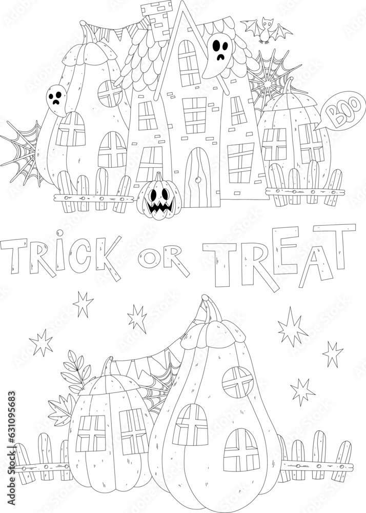 Black outline Halloween haunted house and pumpkin houses with lettering for coloring page