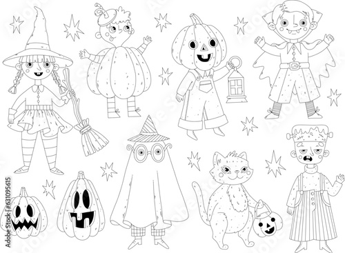Black outline clipart children in Halloween costumes, Jack O'Lantern, trick-or-treating, autumn leaves and stars 