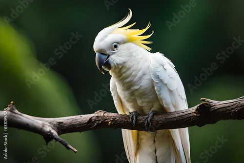 Cacatua galerita - Sulphur-crested Cockatoo sitting on the branch in Australia. Big white and yellow cockatoo with green background. photo