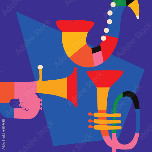 Modern music poster with abstract and minimalistic musical instruments assembled from colorful geometric forms and shapes. Vibrant musical collage with trumpet and saxophone for flyer, banner, invites