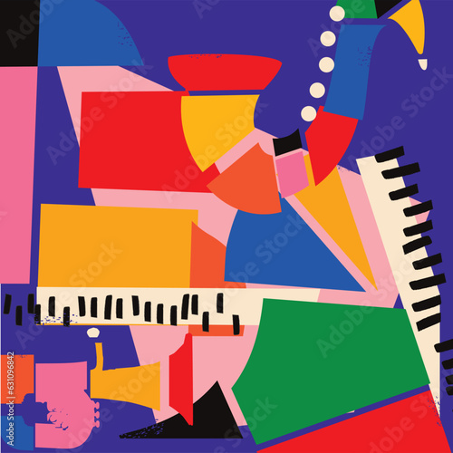 Modern music poster with abstract and minimalistic musical instruments assembled from colorful geometric forms and shapes. Vibrant musical collage with trumpet, saxophone and piano