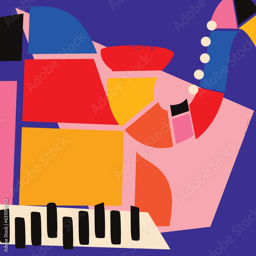 Modern music poster with abstract and minimalistic musical instruments assembled from colorful geometric forms and shapes. Vibrant musical collage with saxophone and piano