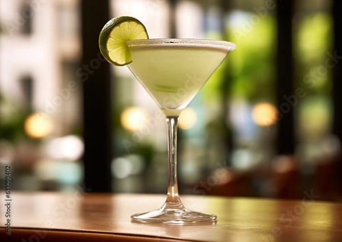 Cocktail margrita with lime slice and salt on bar counter.Macro.AI Generative