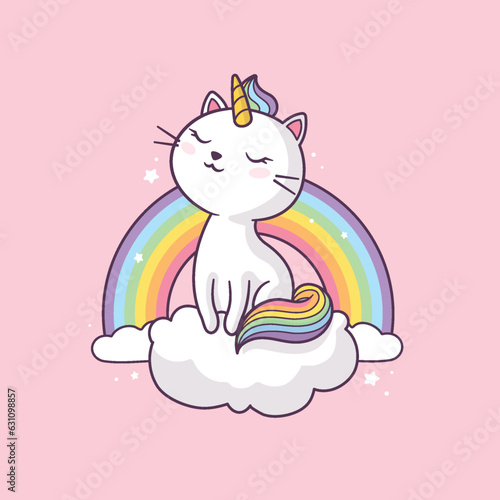 Cute cat unicorn character with clouds and rainbow vector cartoon illustration