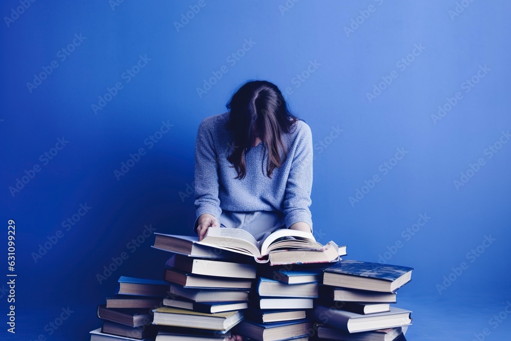 A girl overwhelmed among so many books that she has to read. Ai generated. A girl overwhelmed among so many books that she has to read. Ai generated.