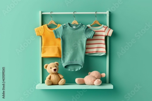 A delightful set of organic baby clothes, captured from above, showcasing comfort and sustainability. photo