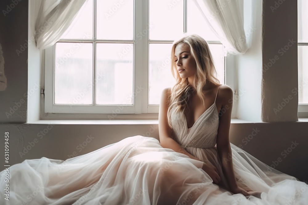 An ethereal and captivating portrait of a pretty female model in a stunning fizzy white dress, gracefully posing on a muslin bed. - obrazy, fototapety, plakaty 