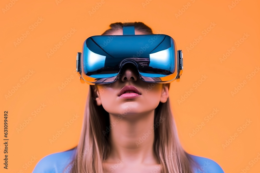 Against a background of intense color, a young woman with virtual reality glasses tries to concentrate. Ai generated. Against a background of intense color, a young woman with virtual reality glasses tries to concentrate. Ai generated.