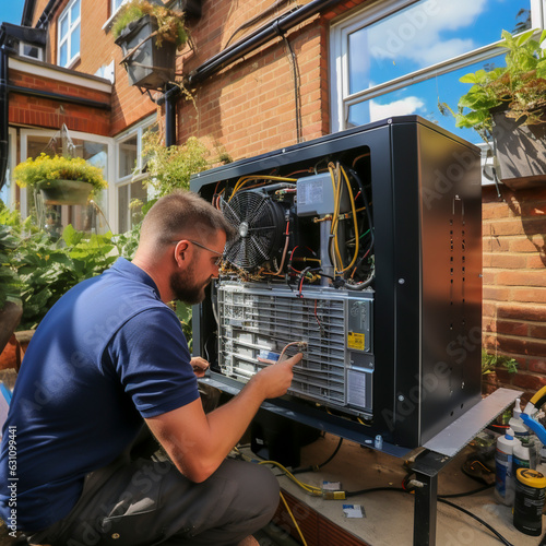 Handyman install a heat pump - heating in a house, ai generated