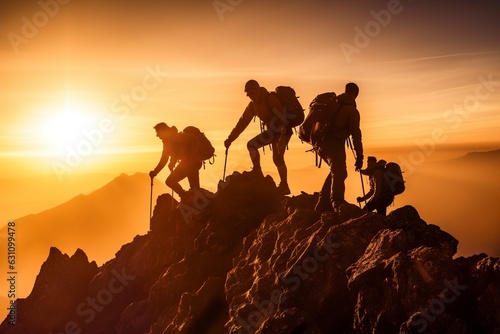 Against the breathtaking backdrop of the mountain  the silhouette of a united group of climbers conquers the summit  embodying the power of teamwork. Ai generated.