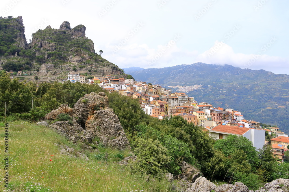 Colorful Old Village Jerzu in the Mountains of Sardinia in Italy is a beautiful historical town on the mediterranean island with limestone rocks and forest in the Province of Nuoro