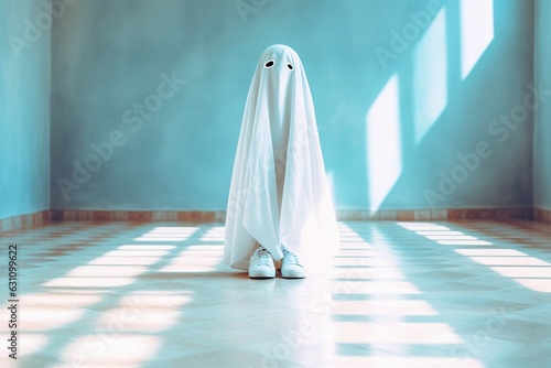 A man with a sheet over him disguised as a ghost, waves his hand up, copy space. photo