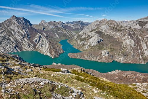 Beautiful turquoise waters reservoir and mountain landscape in Riano. Spain © h368k742
