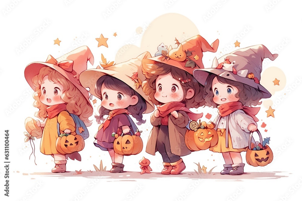 Naklejka premium little children having fun on Halloween trick or treat on white background