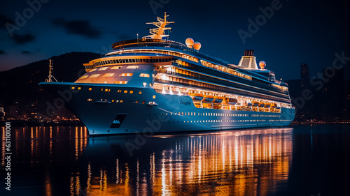Bateau de croisière faisant escale la nuit  - Ferry accostant au port après la traversée - Générative ia © Concept Photo Studio