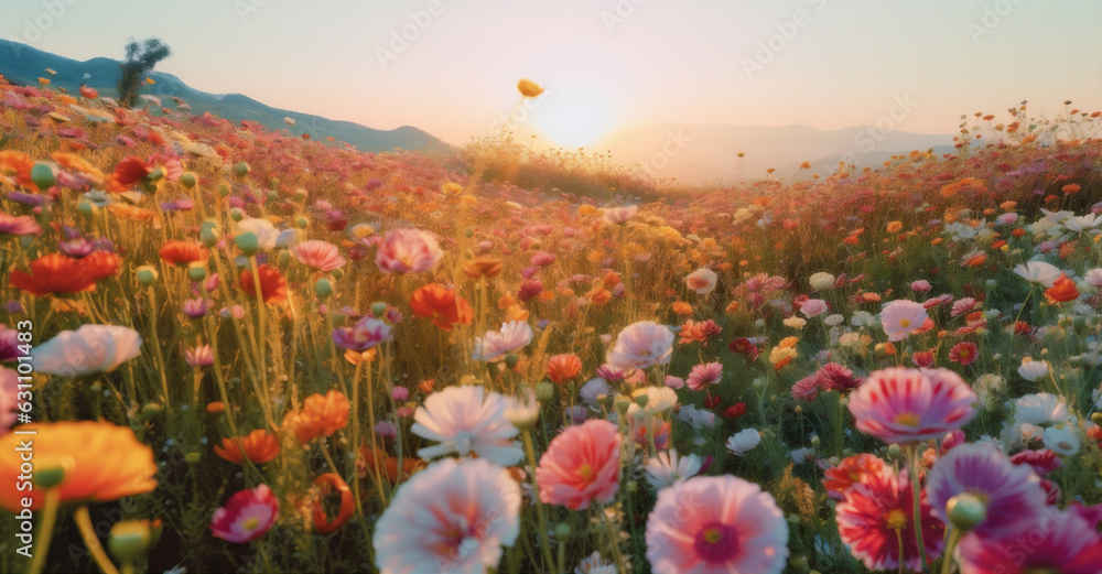 background violet pink meadow beautiful flower field blooming sunset nature white. Generative AI.
