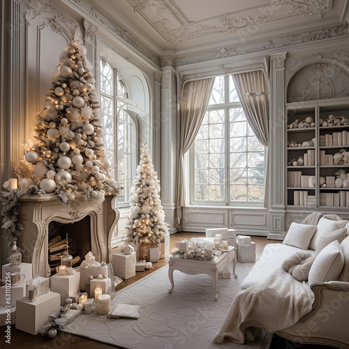White decorated christmas room with two christmas trees, chimney, a lot of presents in country house. made with generative ai © Farid