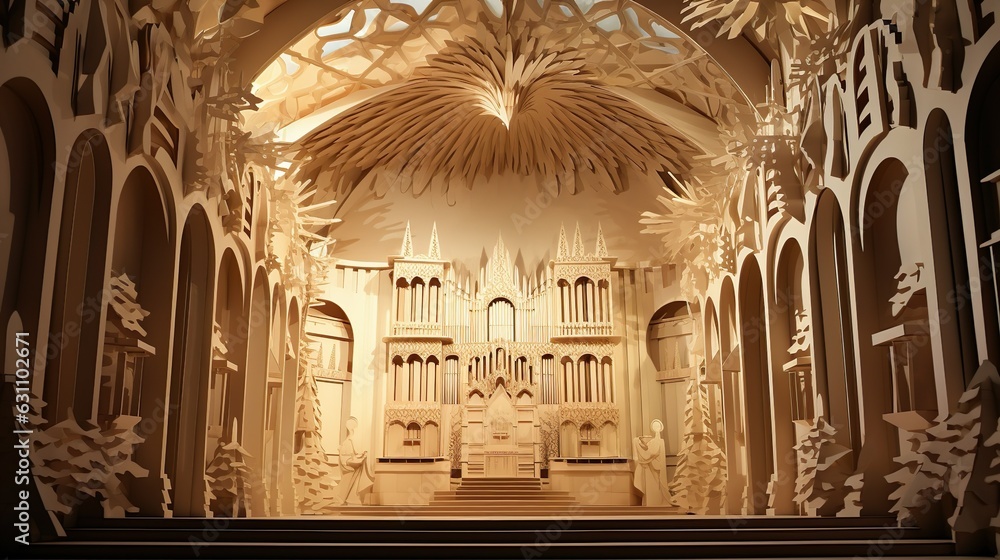 Interior of church layered paper art made with Ai generative technology