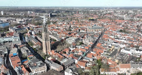 Aerial drone view of the Onze Lieve Vrouwetoren in Amersfoort. Church tower in the city. photo