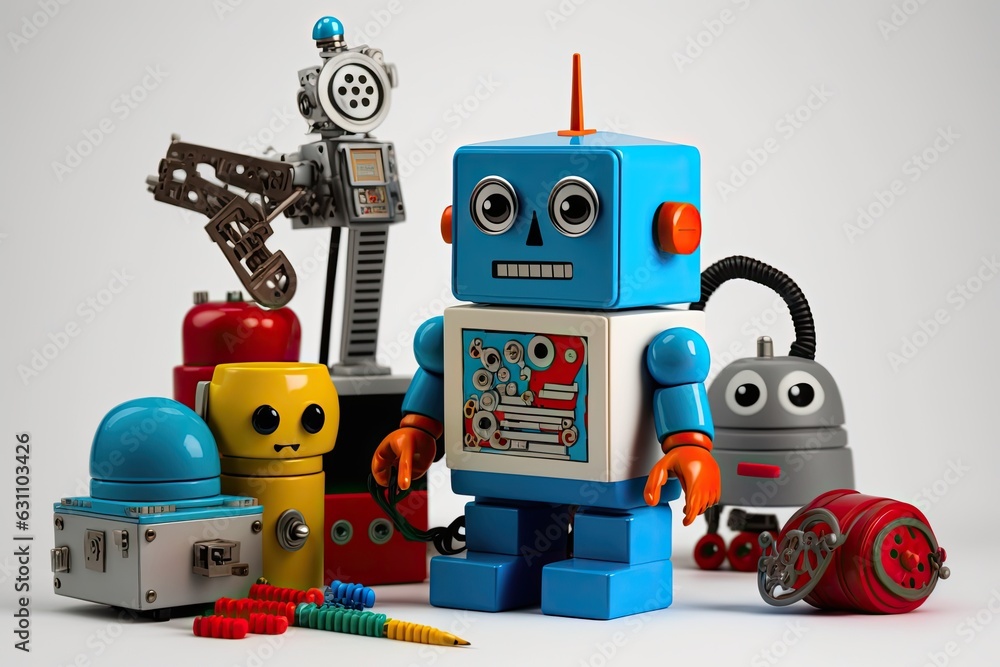 Fototapeta premium Robotic toys or other toys with an idea in the backdrop. Generative AI