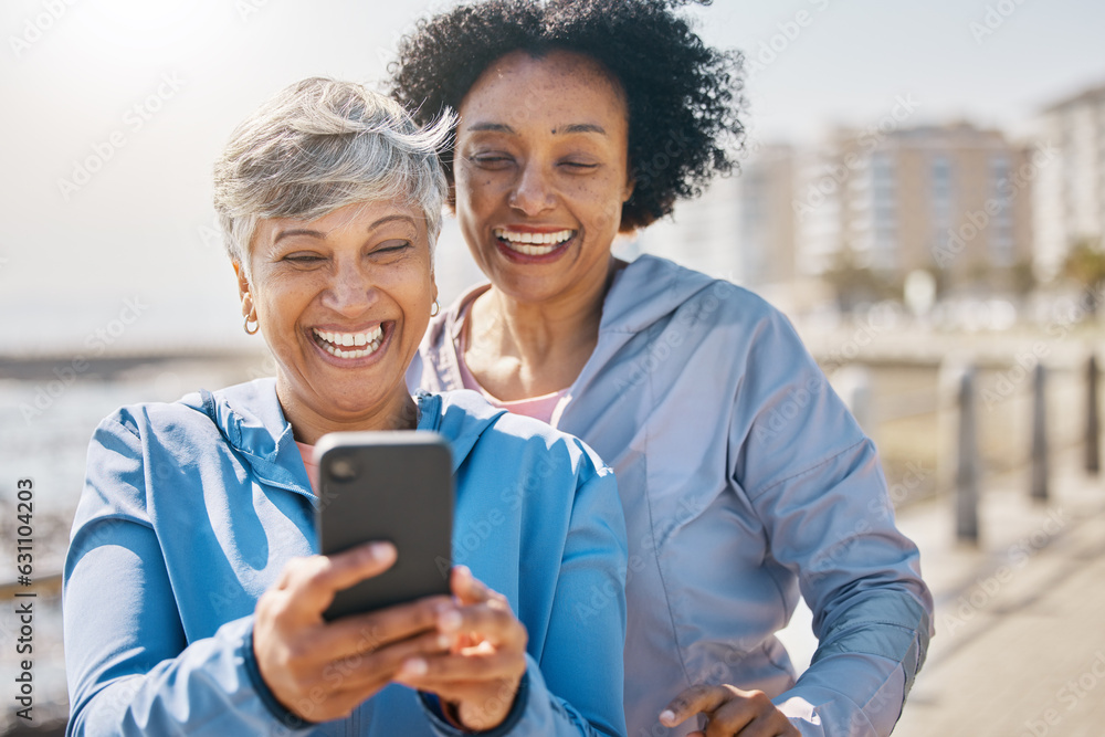 Senior woman, daughter and outdoor with phone or reading social media, blog or post about workout or walk in the park. Elderly mother, girl and profile picture on the beach or together on screen Senior woman, daughter and outdoor with phone or reading social media, blog or post about workout or walk in the park. Elderly mother, girl and profile picture on the beach or together on screen
