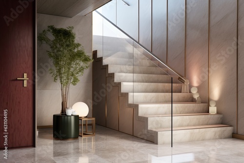 Modern interior scene and mockup with a corner staircase and a brown red bulb. Generative AI