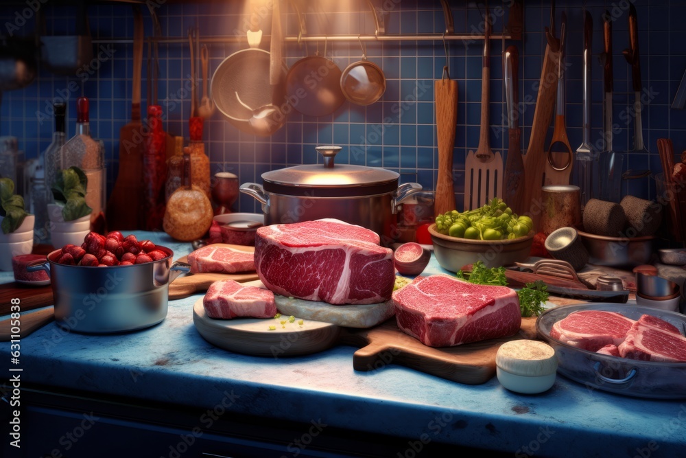 Photo of a well-stocked kitchen counter with a variety of food and cooking utensils created with Generative AI technology