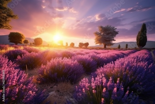 Stunning landscape with lavender field at sunset. Generative AI.