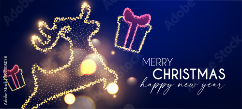 Merry Chrismas and Happy New Yaer design template. Jumping deer with gift box. Christmas lights and bokeh effect.