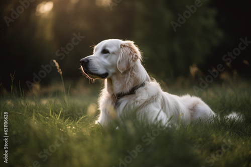 A white dog sitting on the grass generative AI