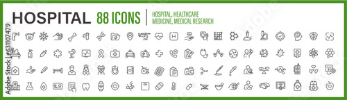 88 icons collection about Hospital, Medicine, Medical research, Healthcare professionals, Doctors, Pharmacology, and Virology. Vector line icons.